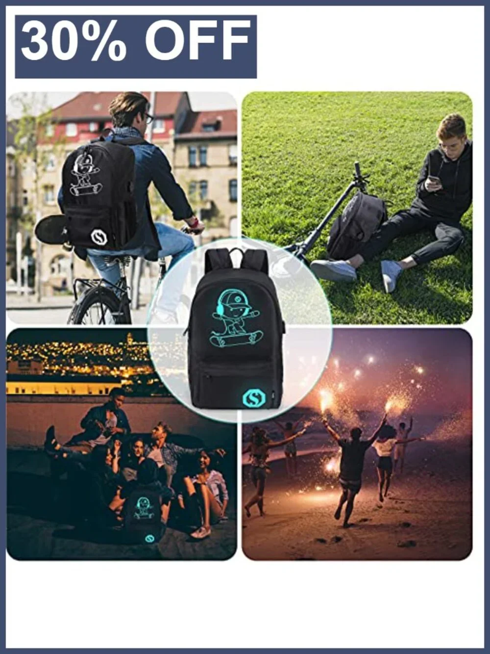 Skateboard Anime Luminous School Backpack with USB Port, Anti-Theft Lock, Sling